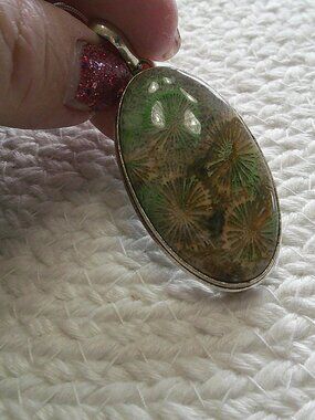 Stunning GREEN FOSSIL CORAL Handmade Sterling 925 Pendant/Chain #511E